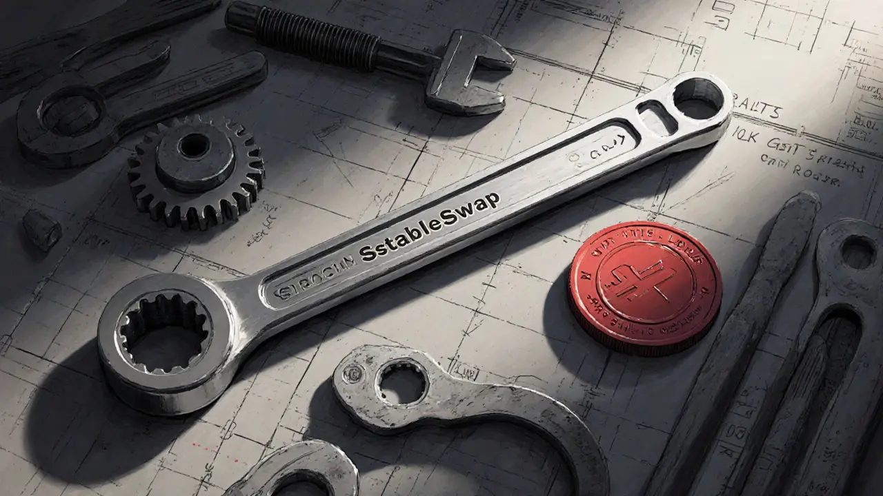 A precision wrench labeled &#039;StableSwap&#039; on a workbench beside discarded trading tools in technical sketch style.