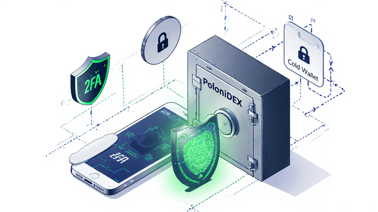 Illustration of PoloniDEX security tools: 2FA token, cold‑wallet vault, and shield icons.