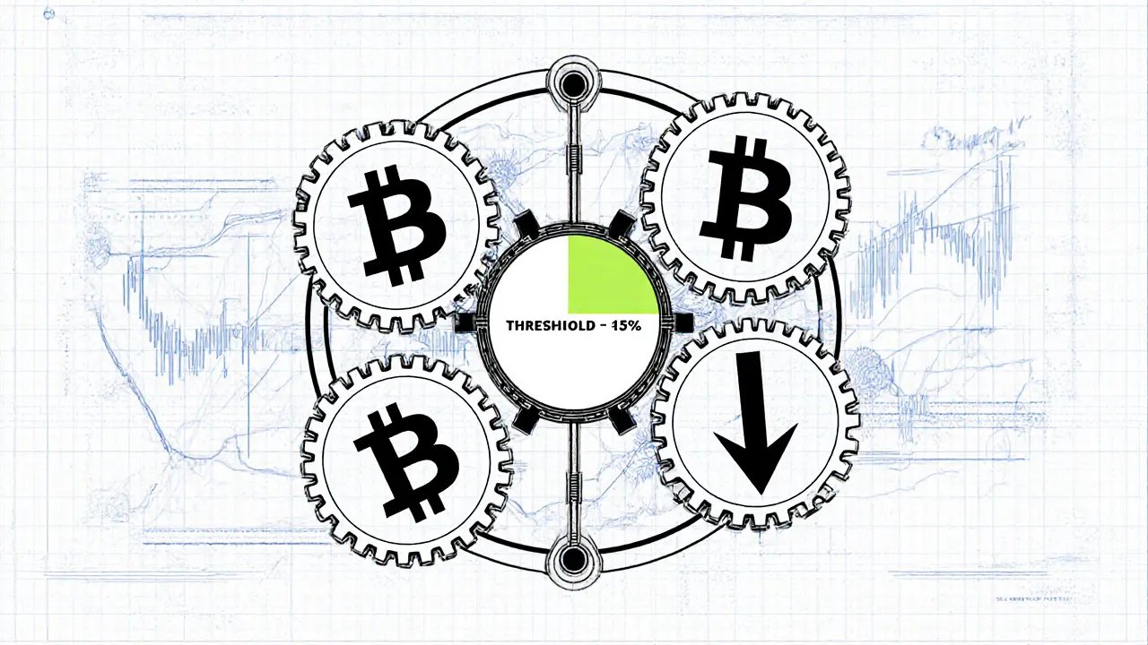 Mechanical tool with coin-shaped gears rotating around a threshold dial, on a blueprint background.