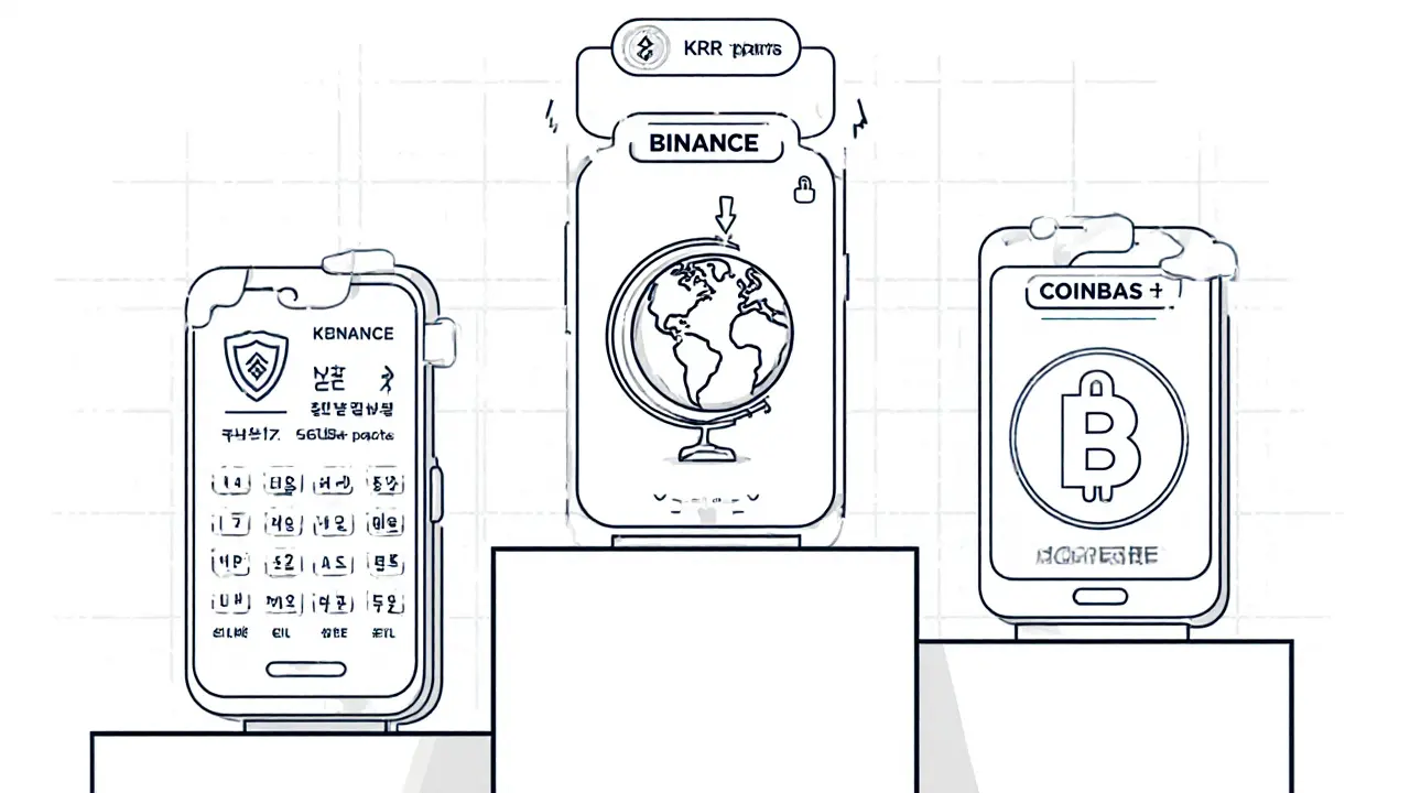 Minimalist side‑by‑side product sketches comparing Korbit, Binance, and Coinbase.