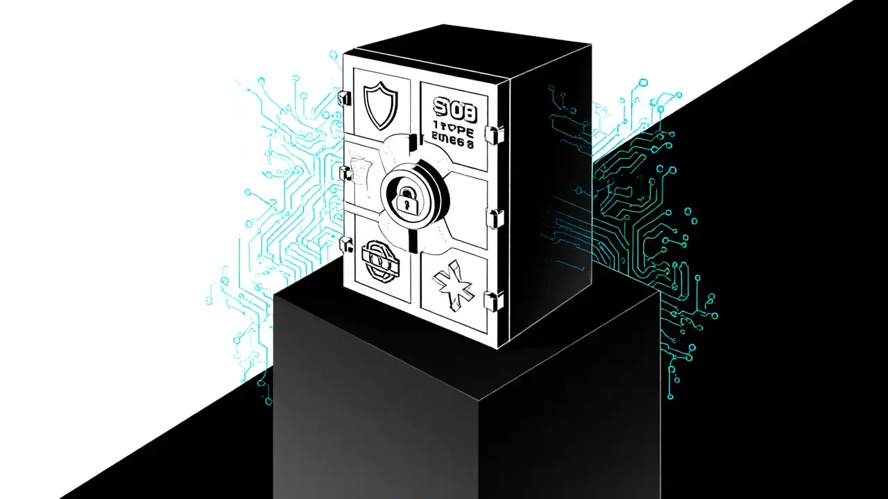 Product sketch of a vault door with security certification icons.