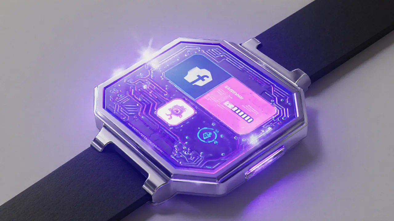 Product sketch of an AI‑enabled NFT token showing dynamic art and fitness progress.