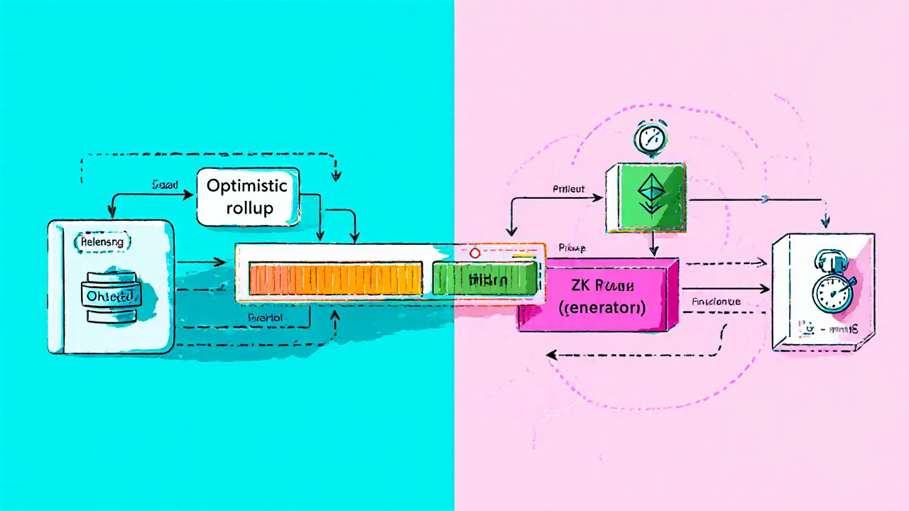 Side‑by‑side sketch of optimistic vs ZK rollup finality processes.