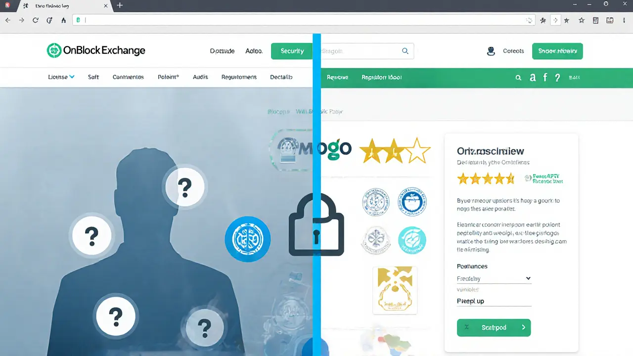 Sketch comparing OnBlock&#039;s vague interface with a detailed, secure exchange UI.