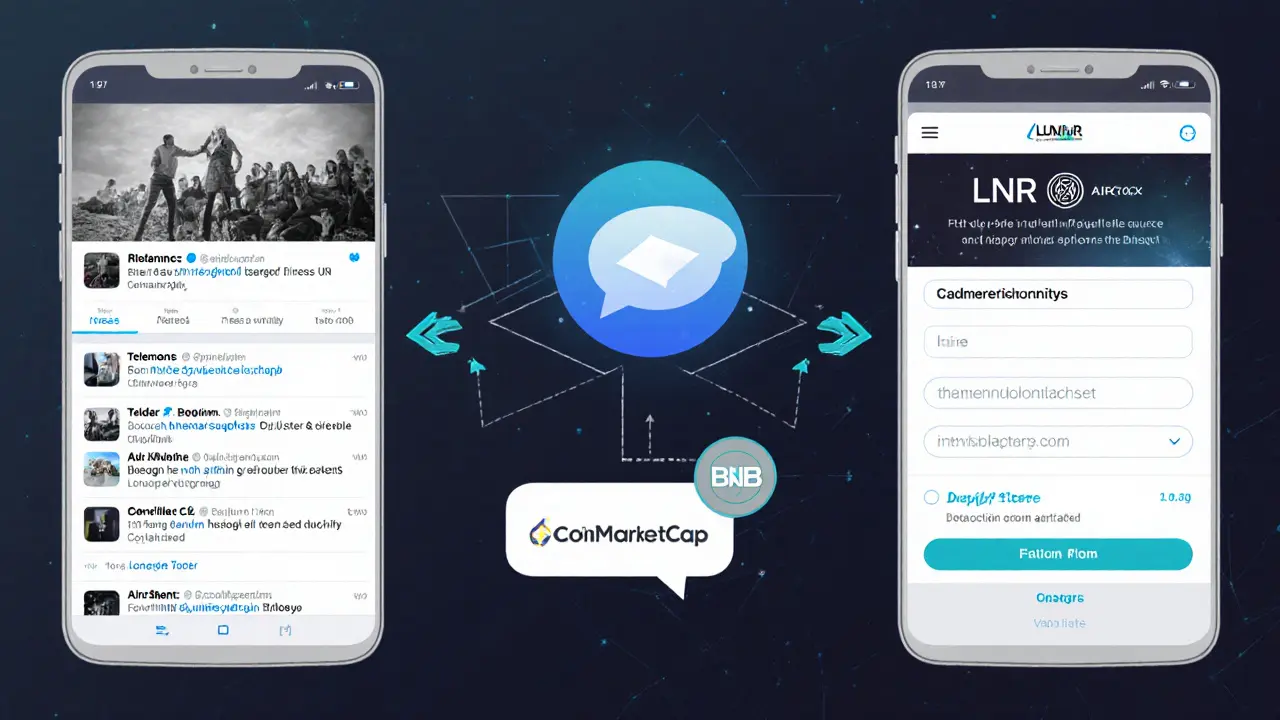Sketch illustrating three-step participation: Twitter, Telegram, CoinMarketCap form.