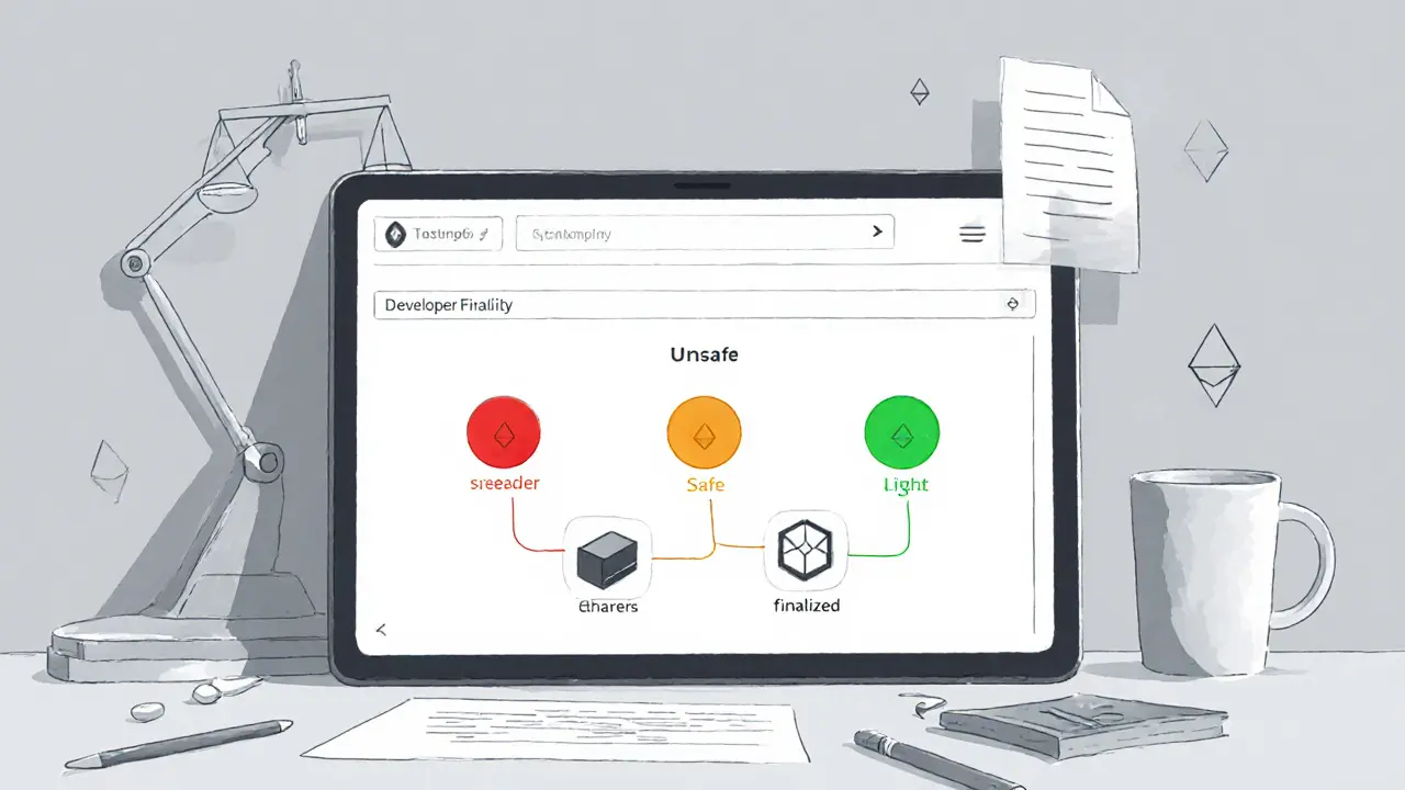 Sketch of a dashboard showing unsafe, safe, and finalized status lights.