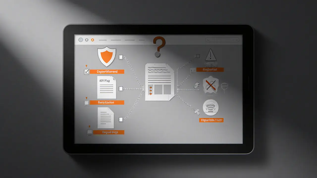 Sketch of a diagnostic dashboard showing missing certificate, registration, API, and regulator icons.