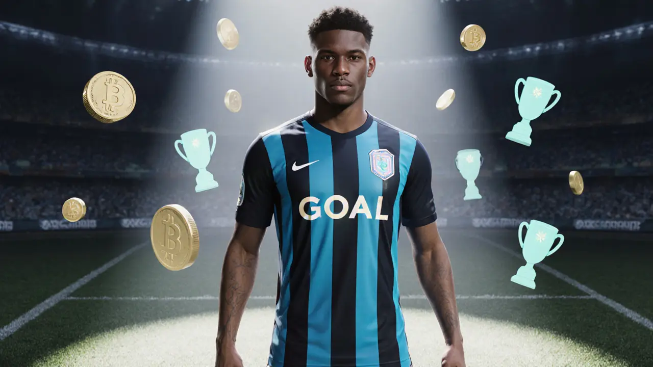 Sketch of a digital football player avatar wearing exclusive NFT skin and GOAL token symbols.