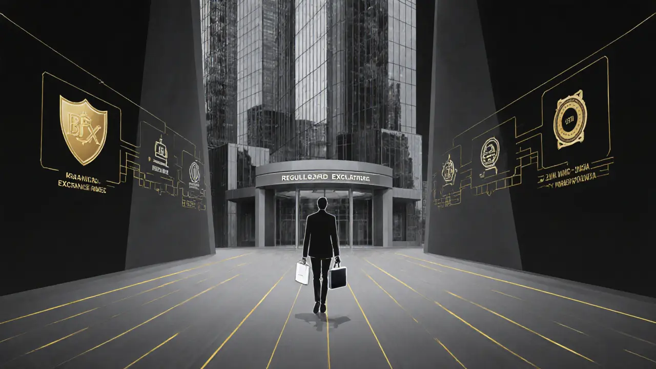 Sketch of a futuristic exchange building with regulatory symbols and roadmap.