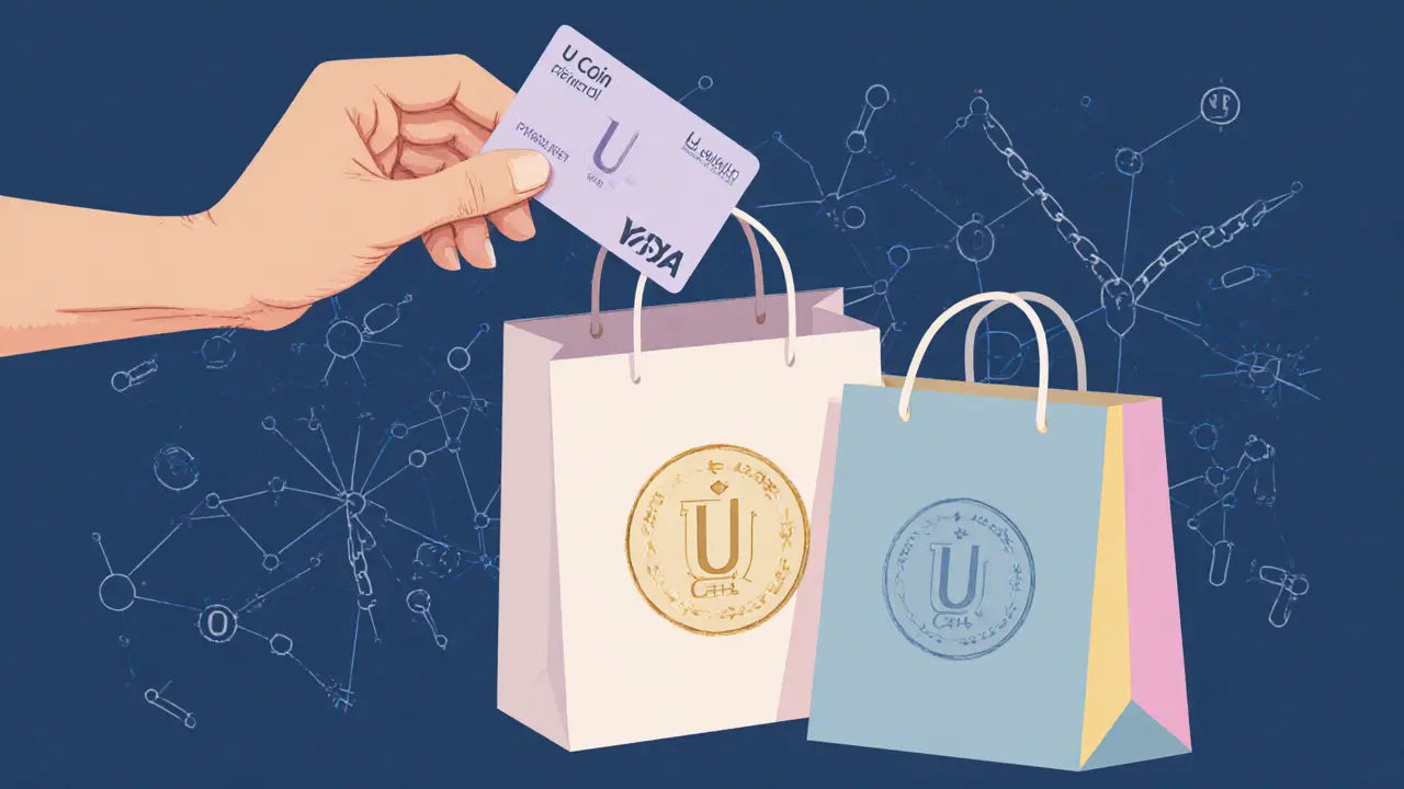 Sketch of a hand holding a prepaid card and shopping bag with U Coin branding.