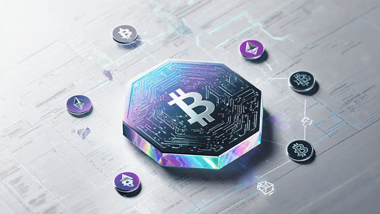 Sketch of a hexagonal token representing a sovereign crypto fund with blockchain motifs.