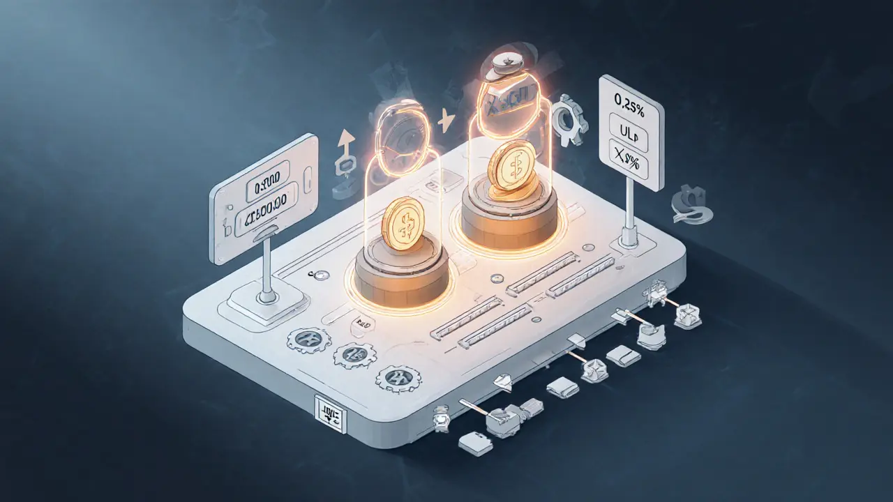 Sketch of a modular panel with sliders and reward chambers visualizing concentrated liquidity and dual rewards.