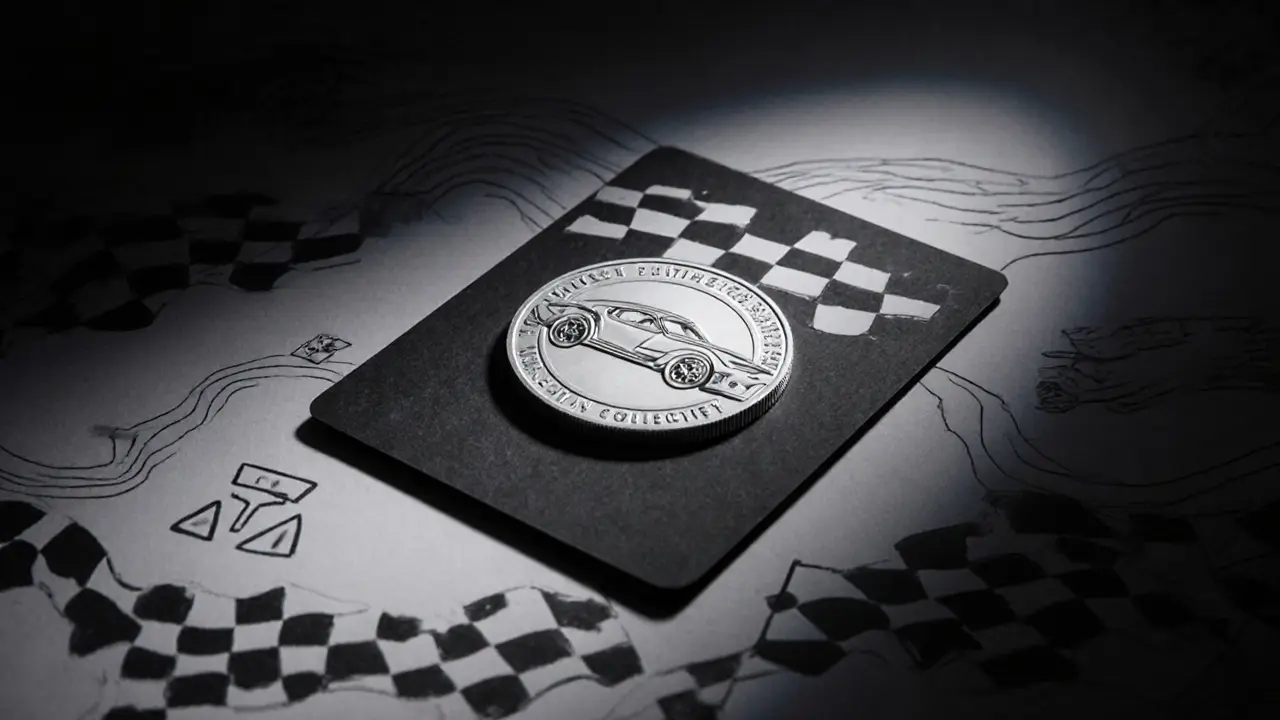 Sketch of a racing‑flag themed collectible coin with warning symbols.