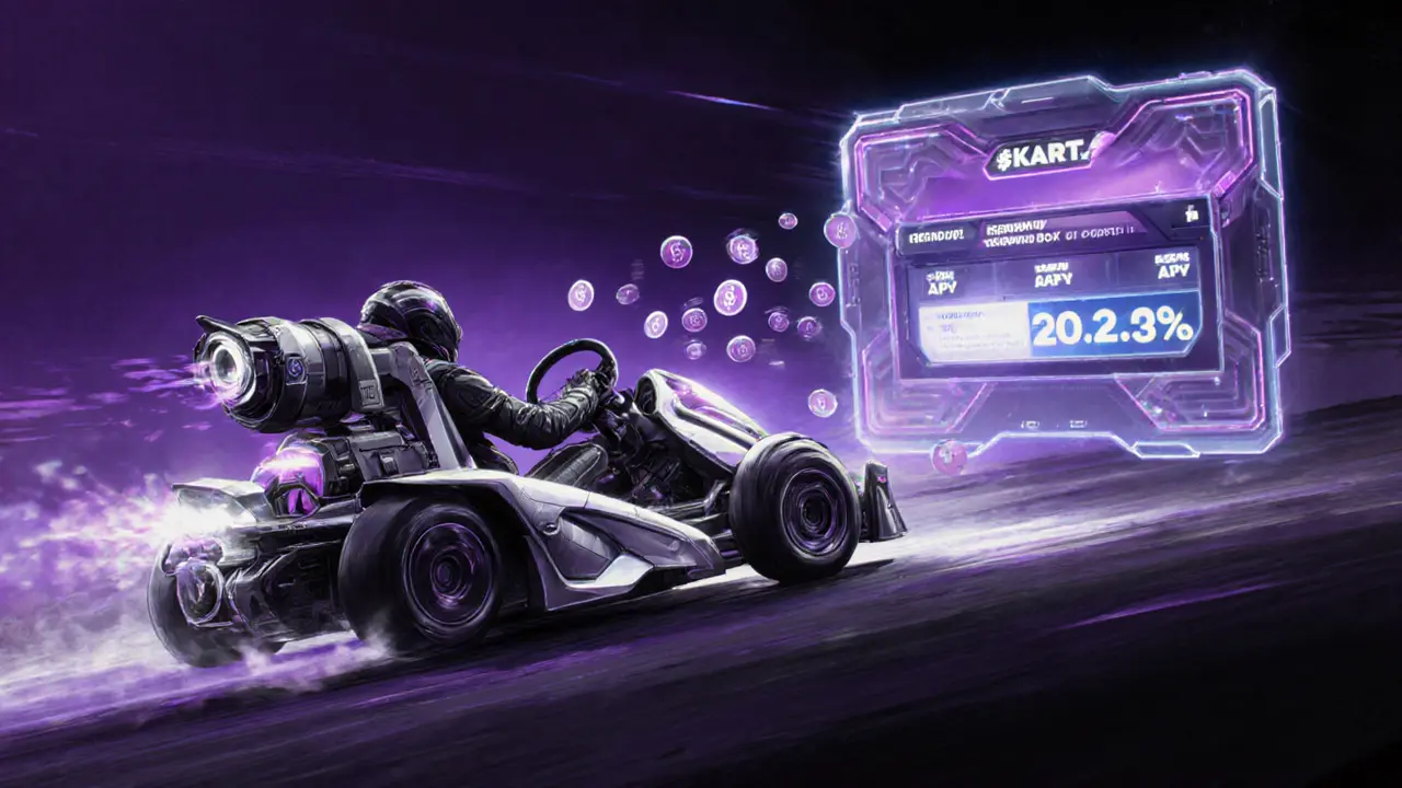 Sketch of a racing kart with a legendary weapon, showing staking hologram and $KART flow.