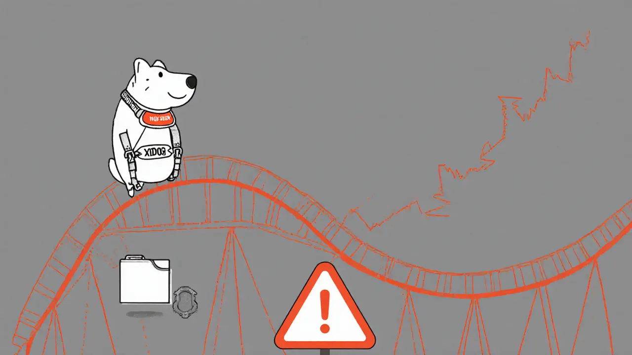 Sketch of a roller‑coaster price graph with XDOG mascot and risk warnings.