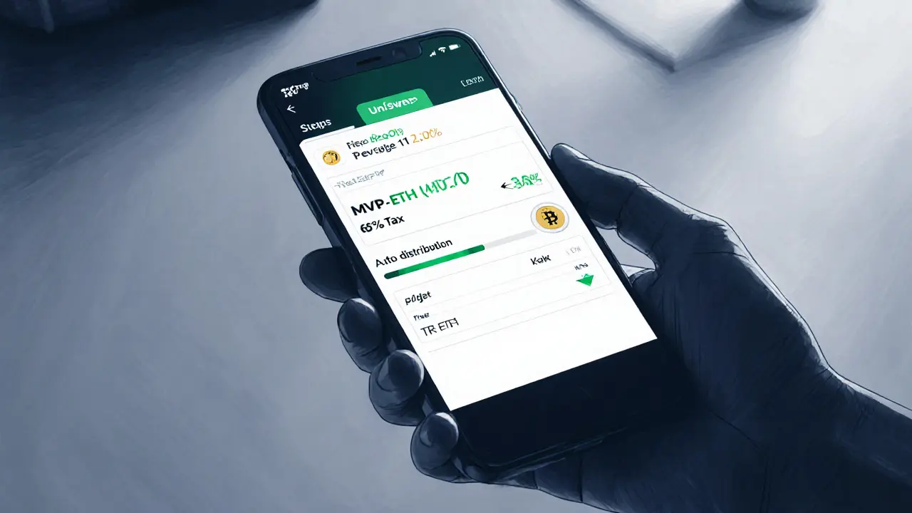 Sketch of a smartphone showing an MVP swap interface with tax and TRUMP token icons.