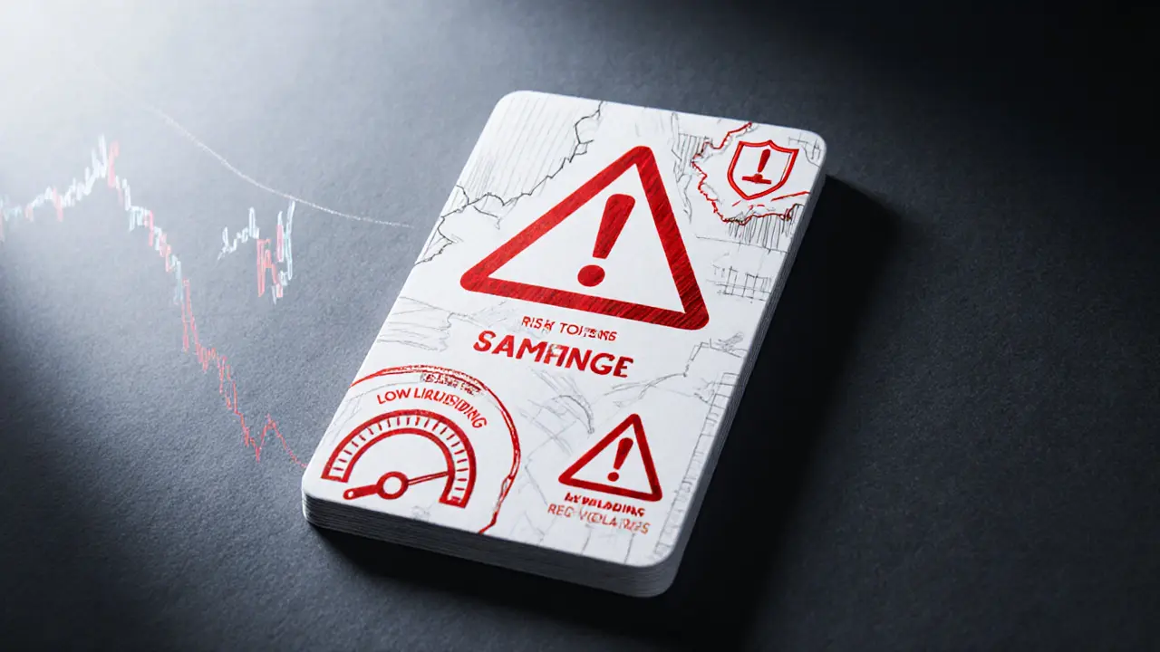 Sketch of a token card with red warning symbols and low‑liquidity indicators.