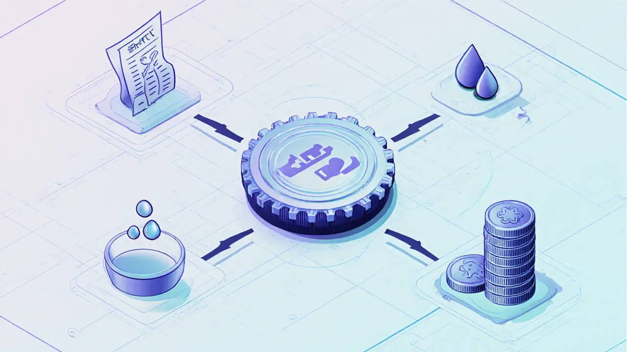 Sketch of a token hub connected to governance, liquidity, and staking icons.