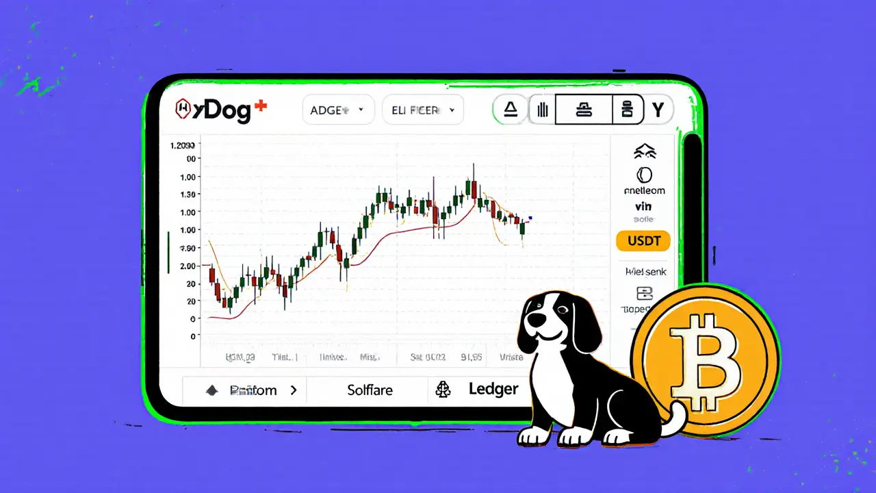 Sketch of a trading dashboard showing XDOG/USDT chart and wallet icons.