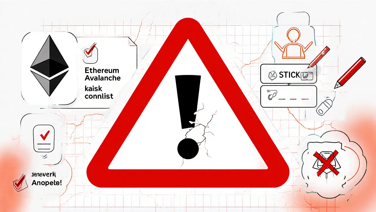 Sketch of a warning label with broken stick figure and checklist to verify contract addresses.