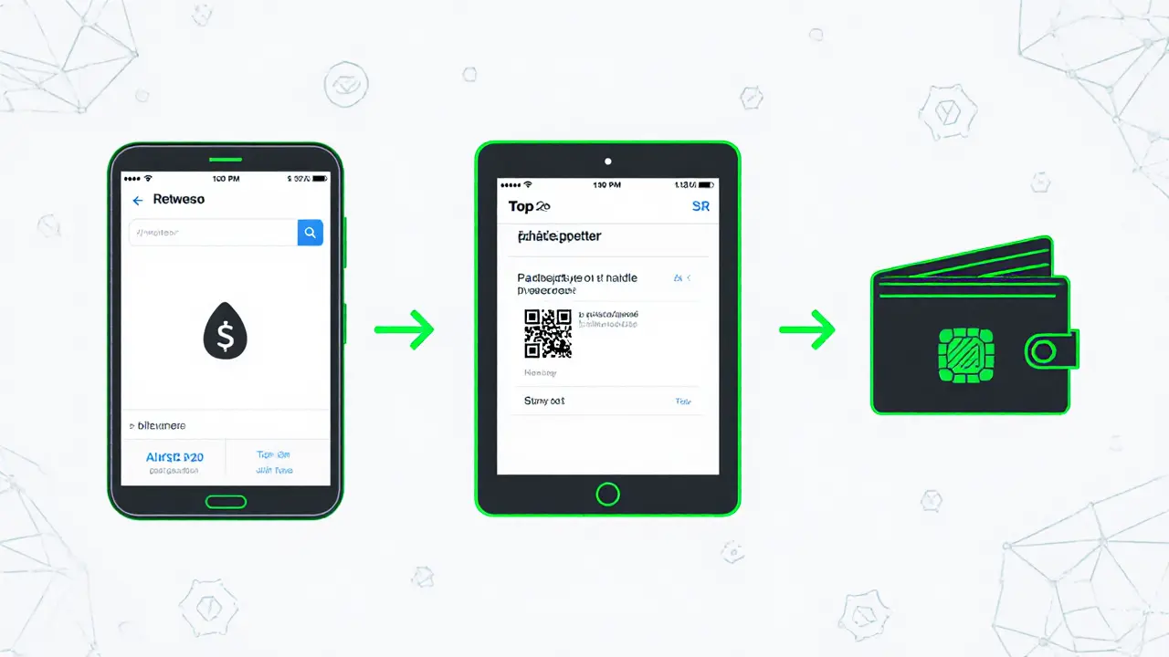 Sketch of devices and icons illustrating the TopGoal airdrop claim steps.