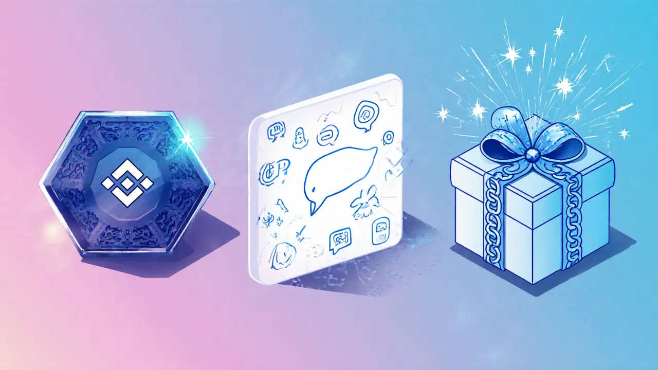 Sketch of three airdrop concepts: badge, social card, and gift box.