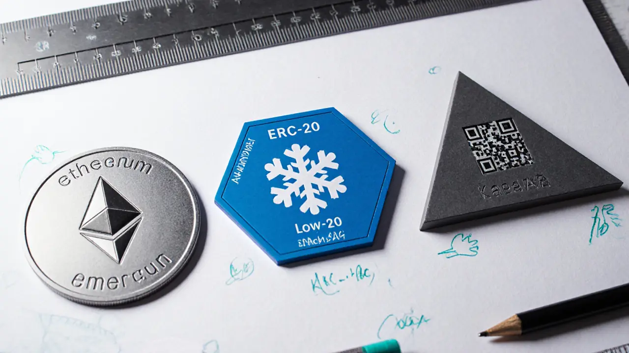 Sketch of three different physical Stick tokens labeled for Ethereum, Avalanche, and Kaspa.