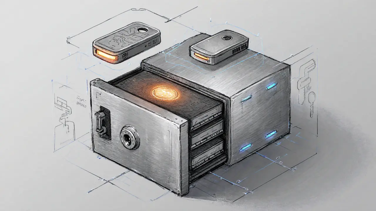 Sketch showing layered security vaults, hot wallet, and 2FA devices.