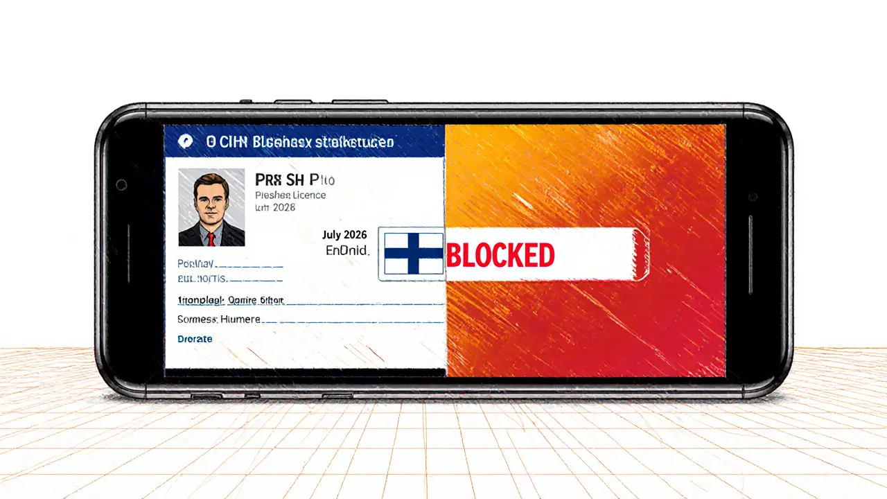 Split-device design showing Polish license and Finnish IP block alert.