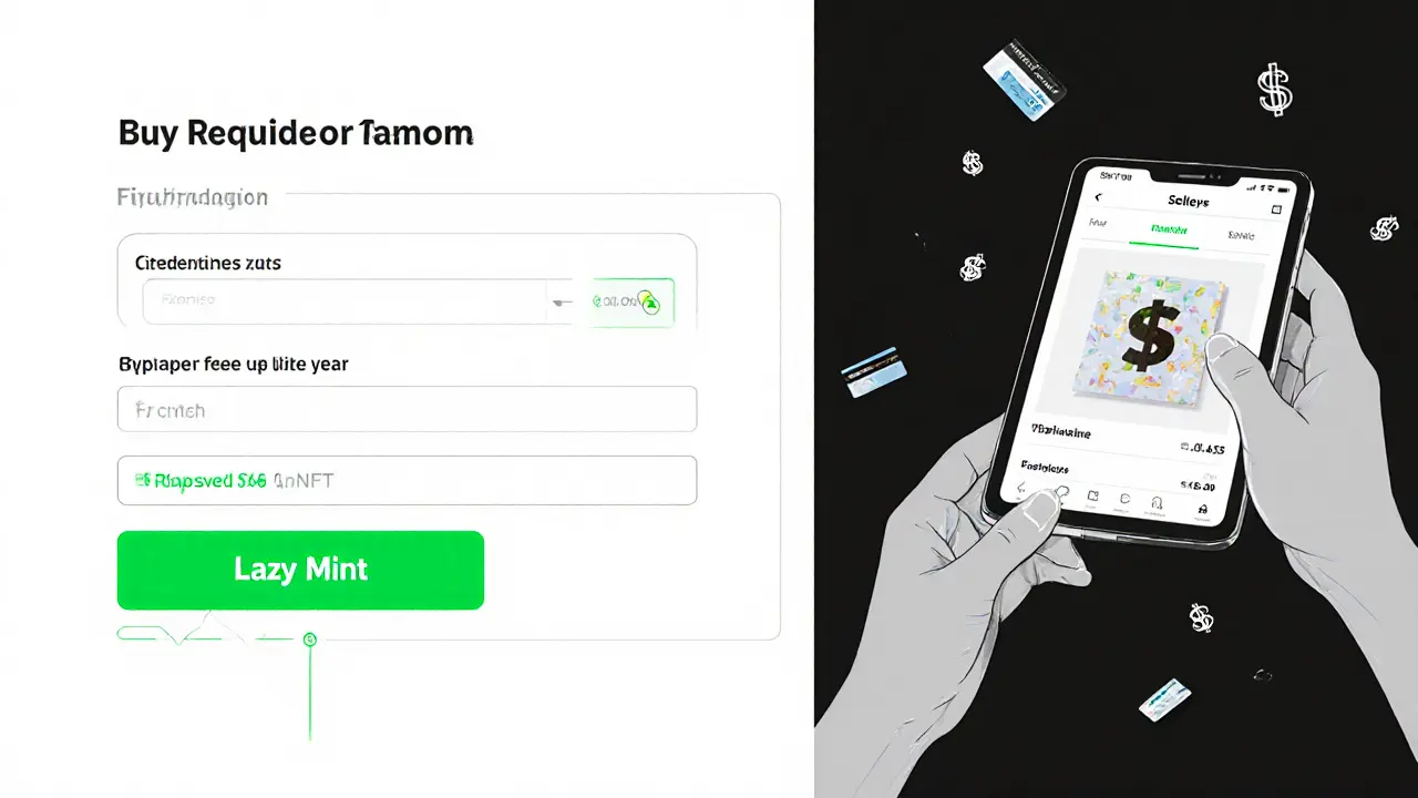 Split-screen design showing creator minting and collector buying with fee indicators.