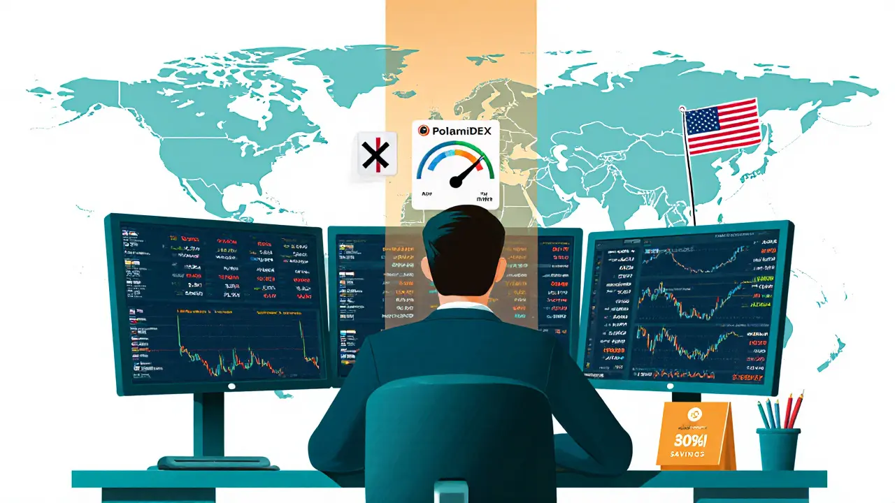 Trader workstation sketch showing API gauge, savings card, and US exit symbol.