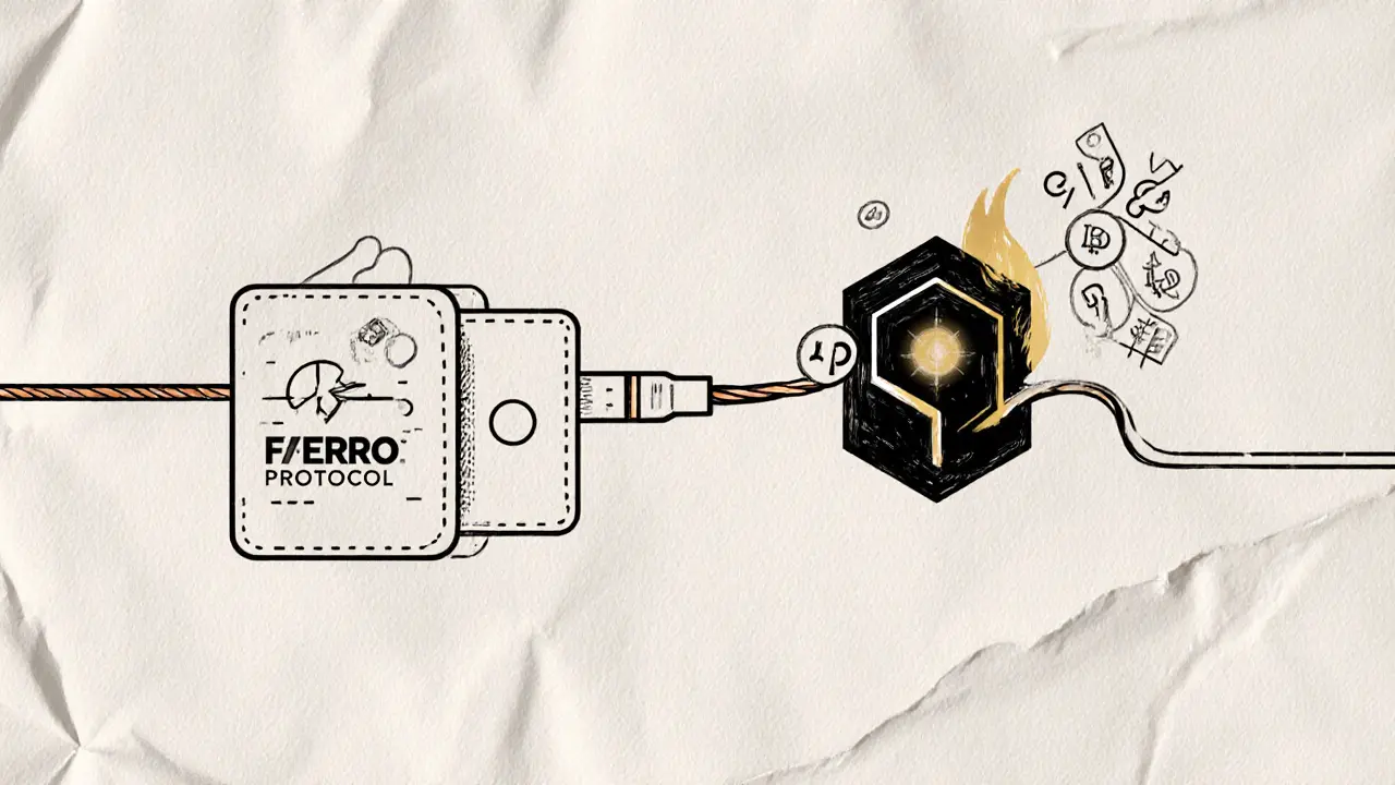Wallet connecting to a blockchain node via copper wire, with floating CRO tokens in a pencil sketch style.