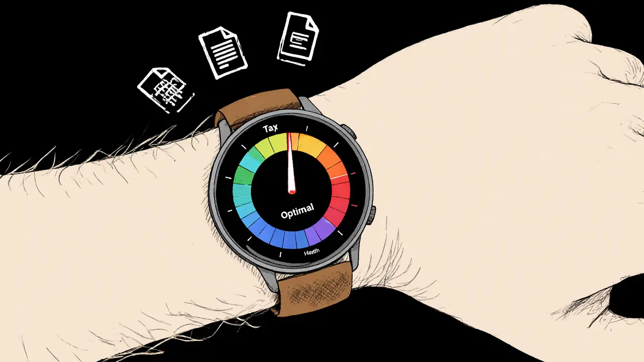 Wrist device with circular portfolio meter showing optimal balance, surrounded by subtle tax and fee indicators.