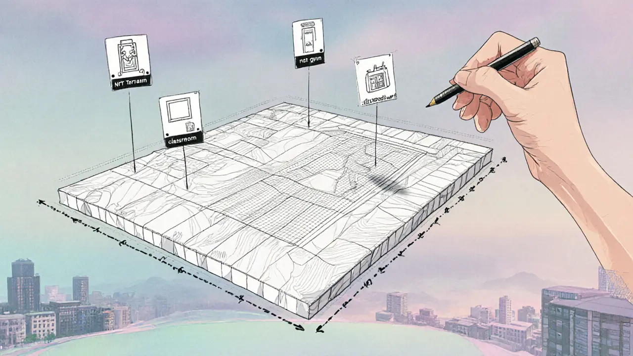 3D wireframe NFT land plot floating with icons of gym, classroom, and shop, annotated in design sketch style.
