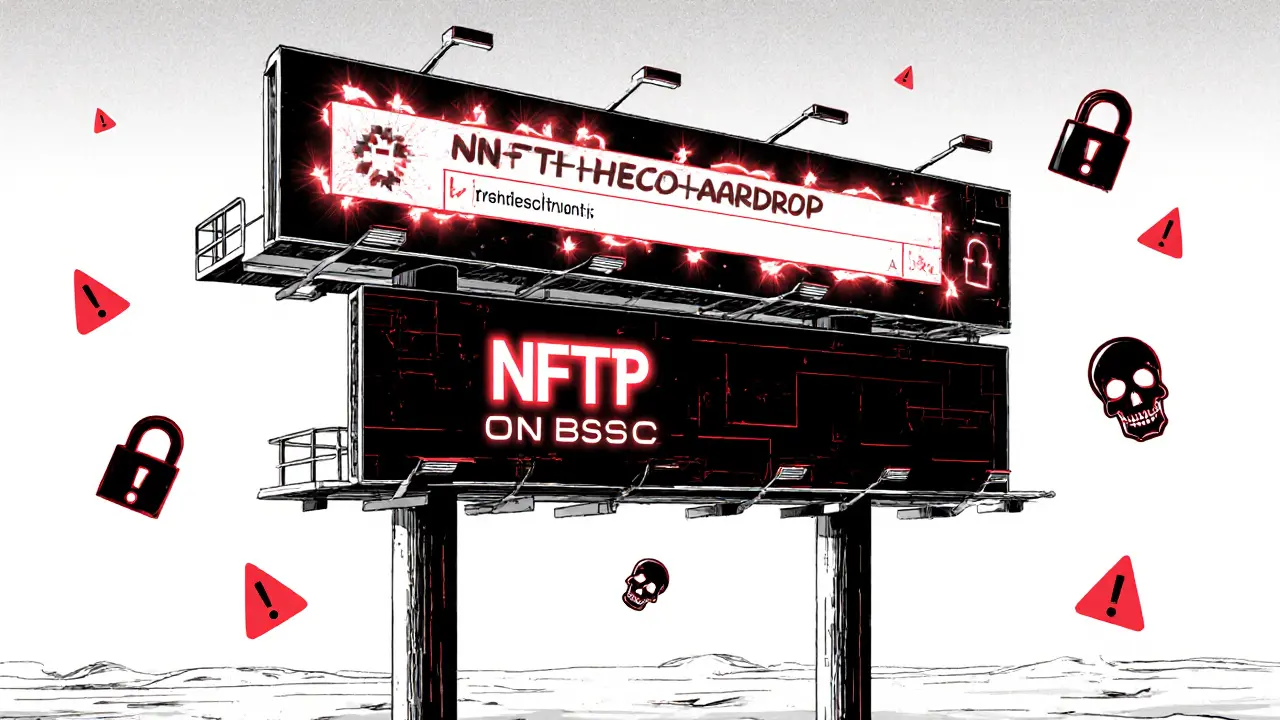 A fake airdrop billboard flickering above a dim real NFTP logo on BSC, surrounded by warning symbols.