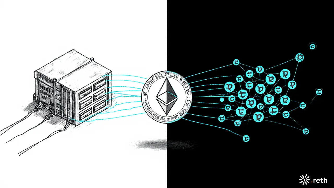 A side-by-side sketch contrasting a bulky validator server with a single elegant rETH token connected to many small ETH dots.