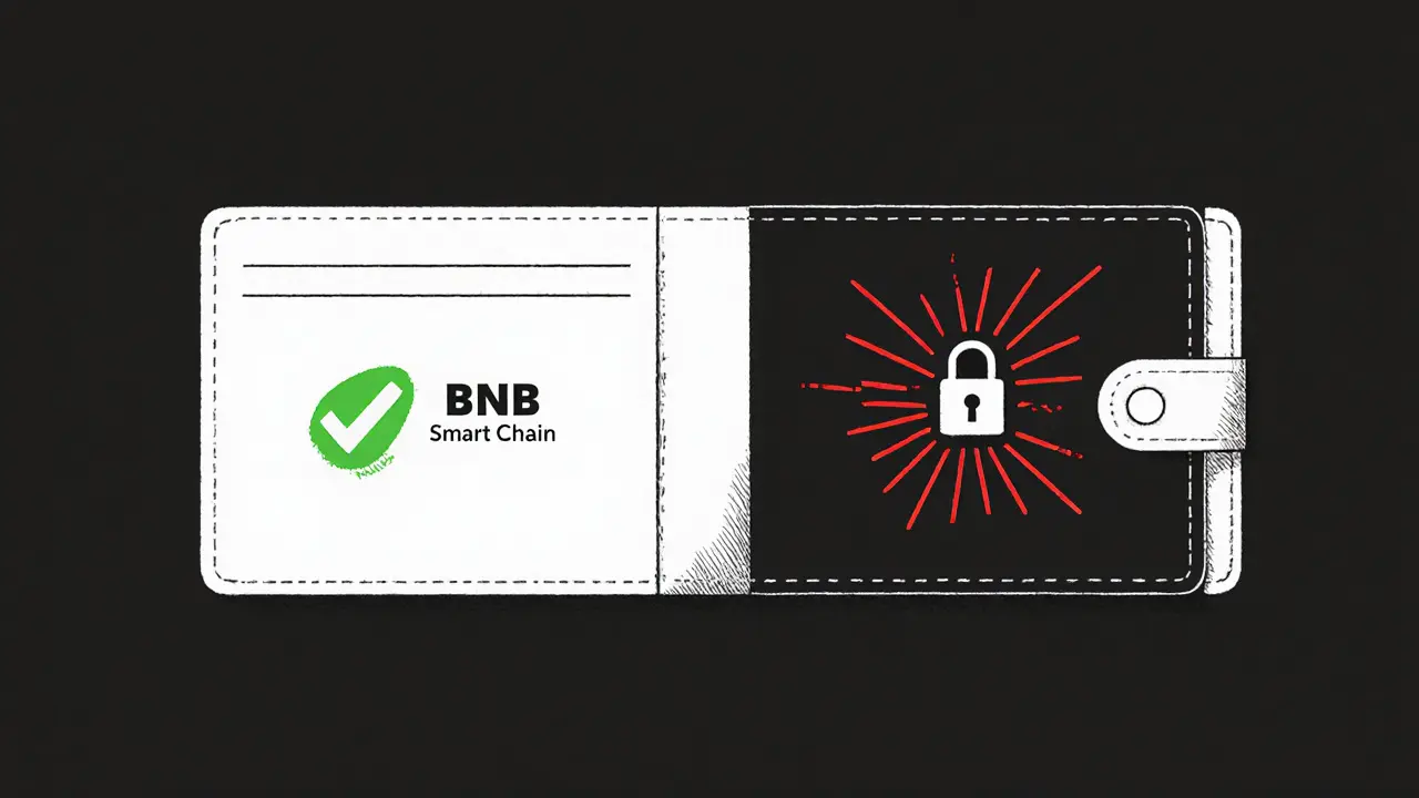 A wallet interface comparing BNB Smart Chain (green check) and Heco Chain (red warning lines).