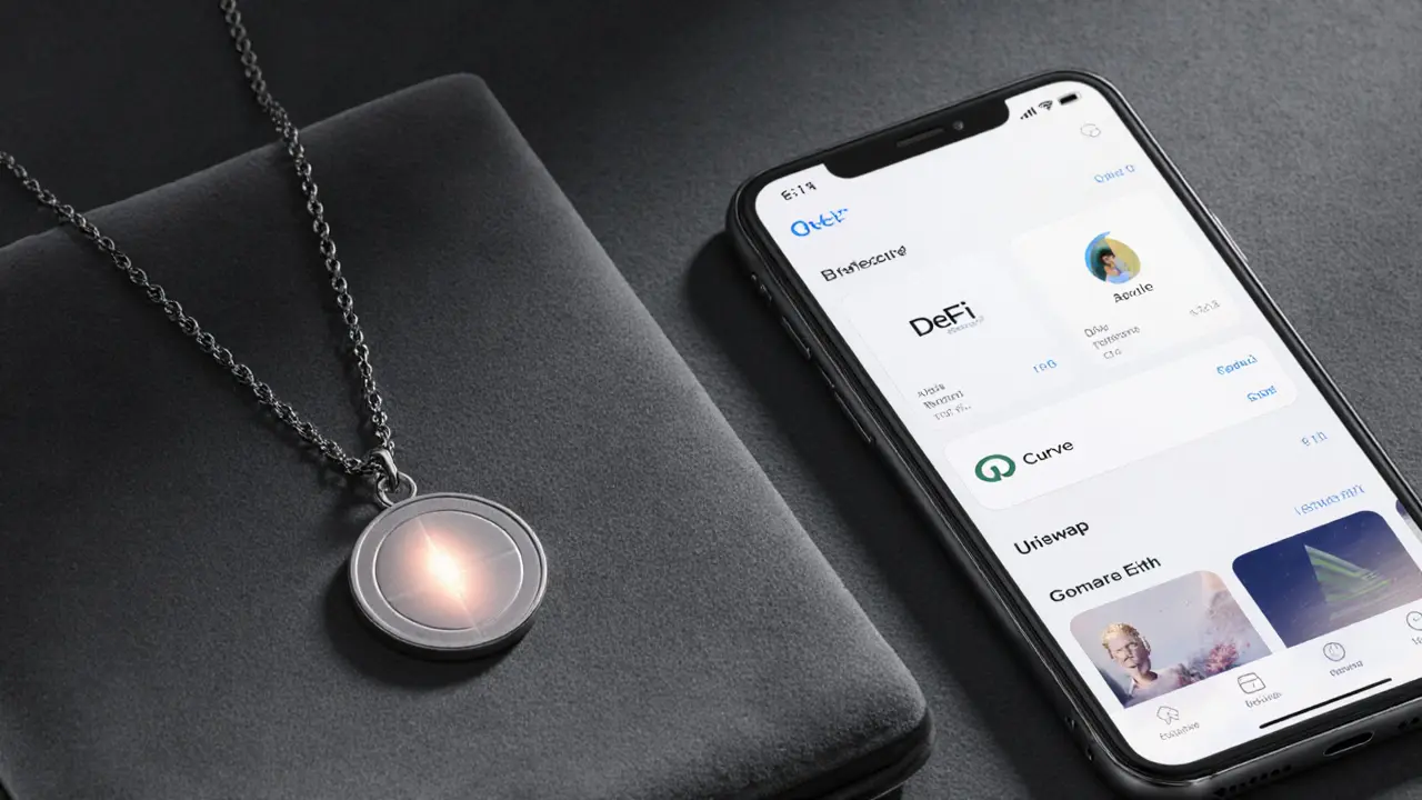 A wearable rETH pendant with a brightening core, resting on velvet next to a phone showing DeFi apps.