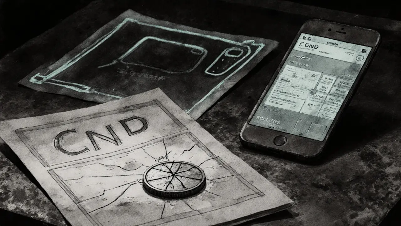 Abandoned CND token prototype on a dusty desk with faded ICO materials and ghosted app UI