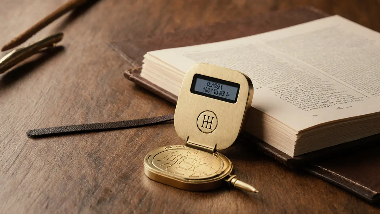 Brass token holder resting on journal with quill, displaying HAO symbol and historical record