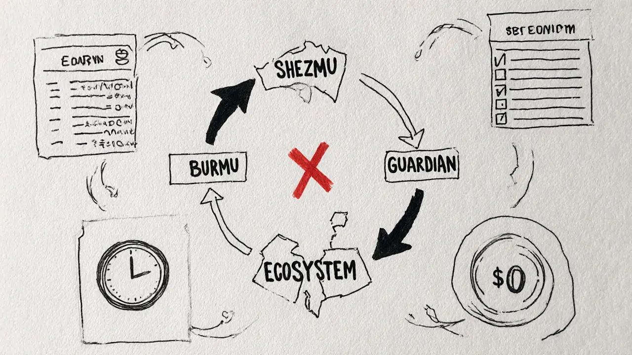 Broken circular diagram of Shezmu&#039;s token economy with <h2>Who is Shezmu for?</h2> TVL labels and faded arrows