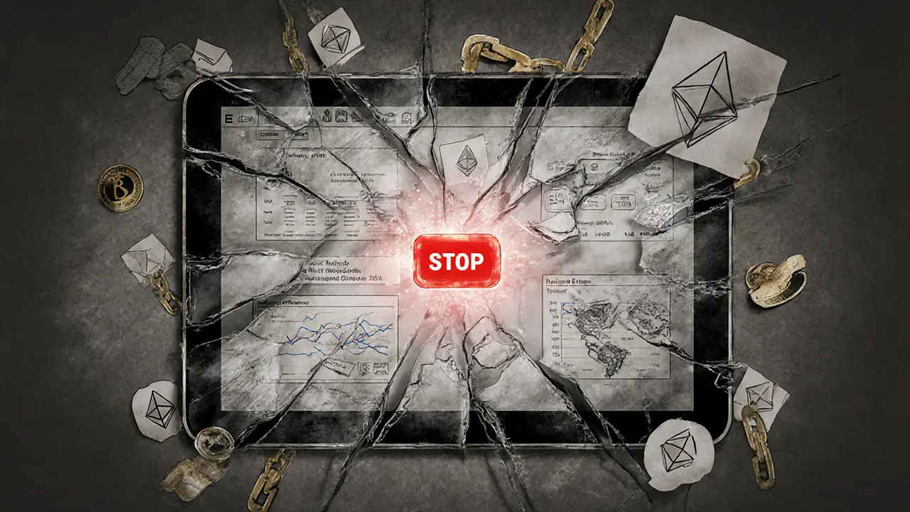 Broken Kin Rewards Engine dashboard with faded graphs and a red STOP button