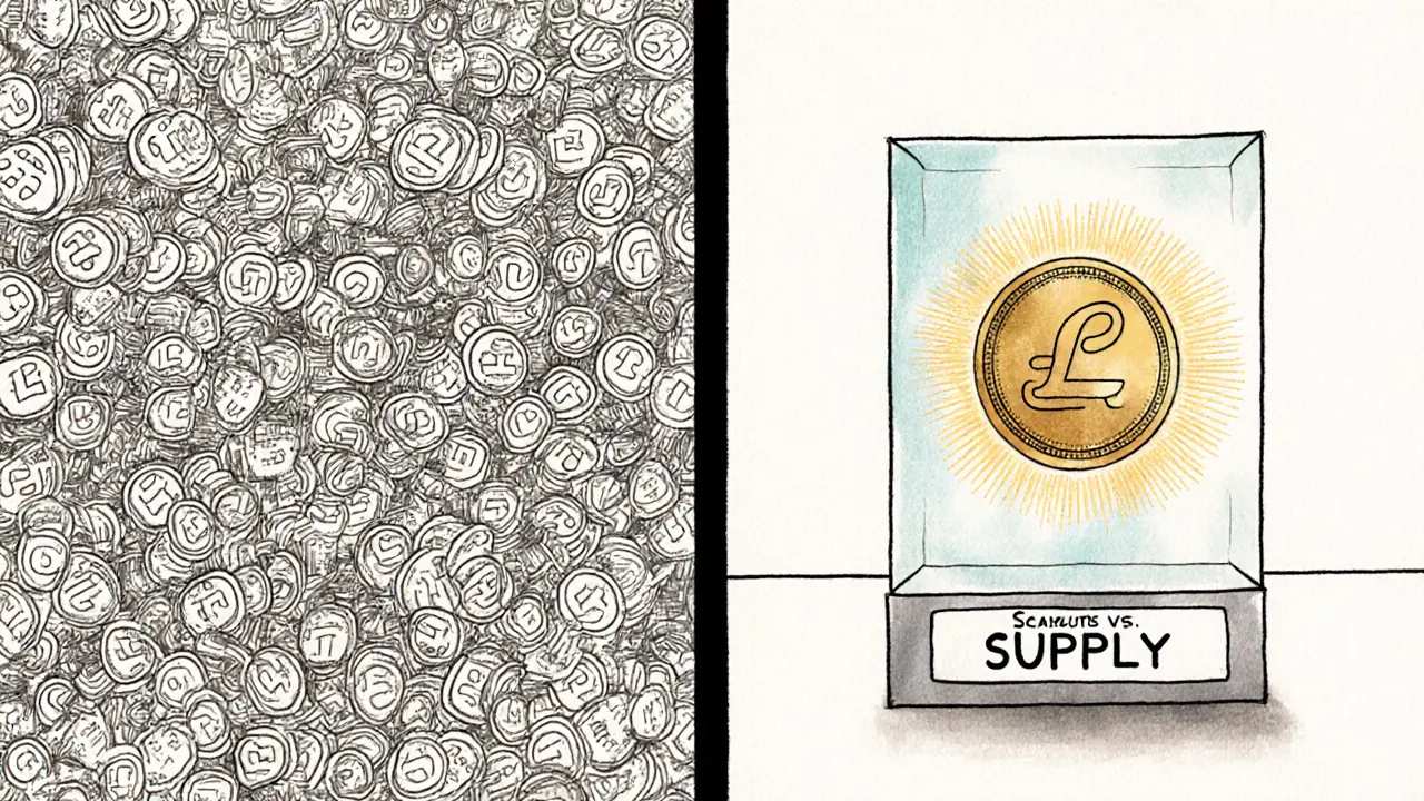Contrasting sketch: chaotic SHIB tokens vs. single LEASH token in a glass case, labeled scarcity vs. supply.