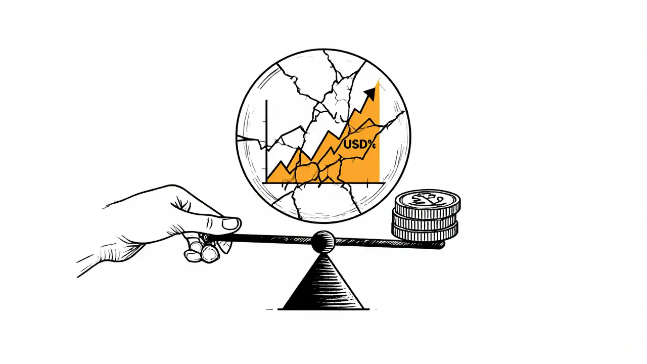 Cracked glass orb showing ETH and USDC price divergence, hand placing stablecoins on a balanced scale.
