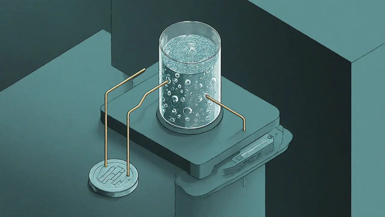 Cylindrical data module with encrypted particles connected to a ROSE token and DeFi interface.
