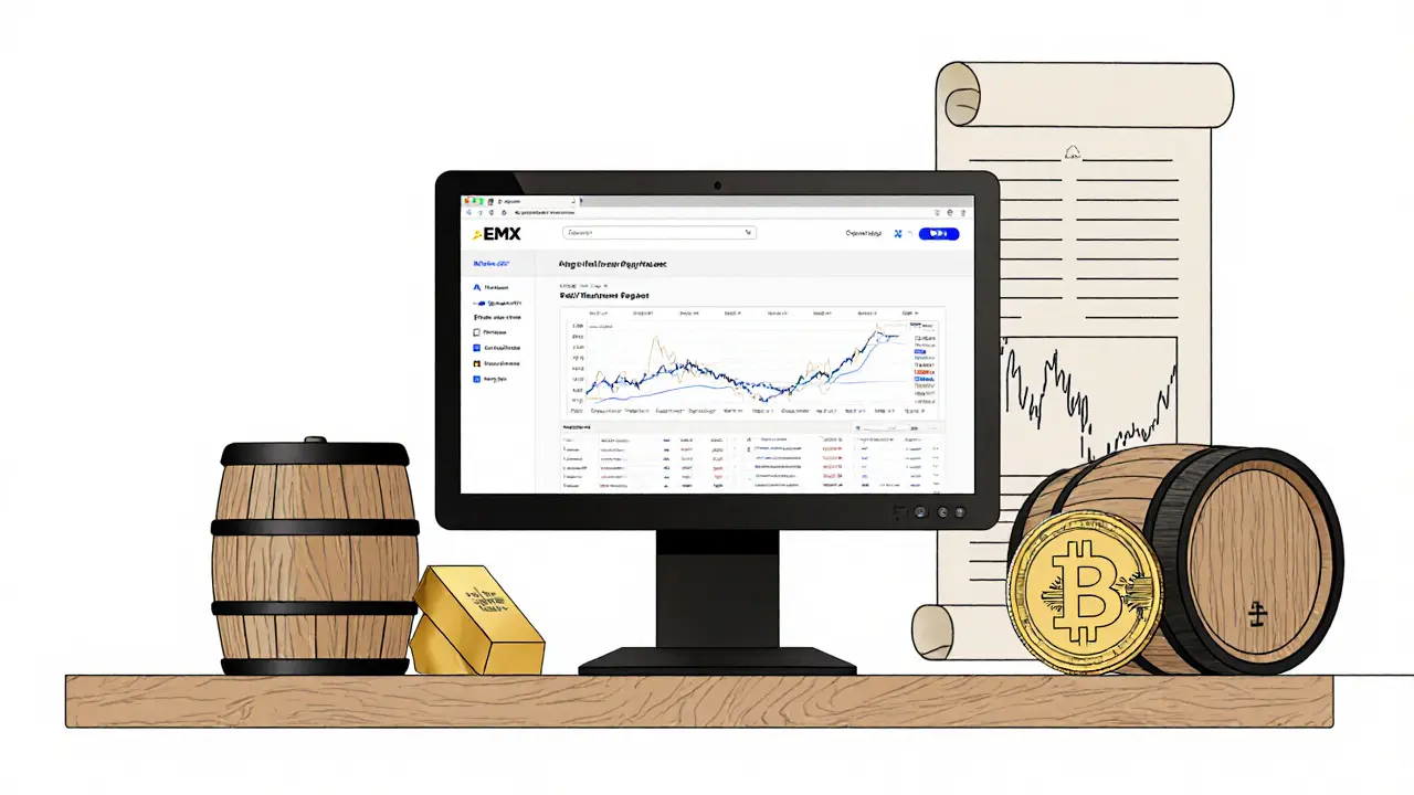 Desktop setup with financial tokens and EMX platform interface in clean Scandinavian style.