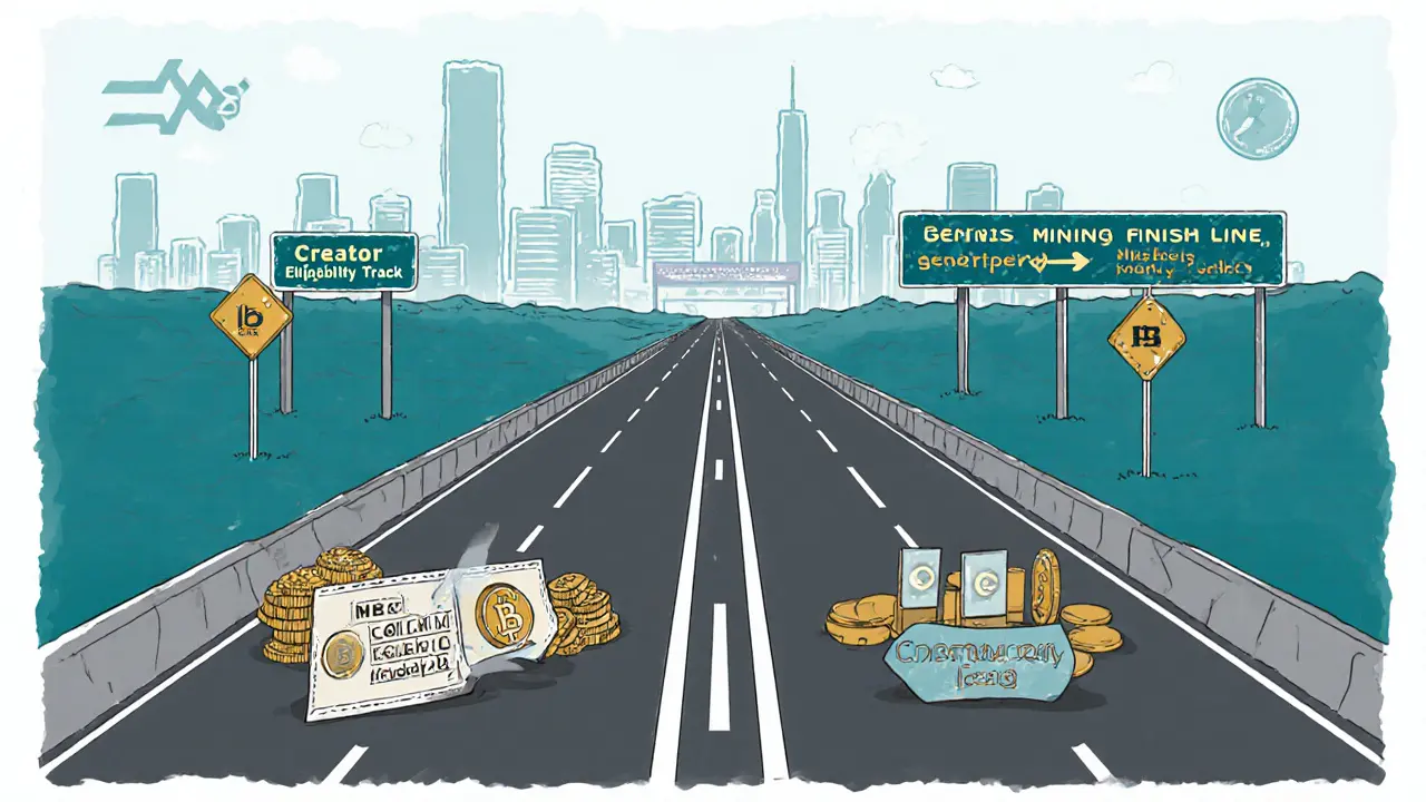 Dual-lane highway representing creator and community airdrop paths leading to Genesis Mining.