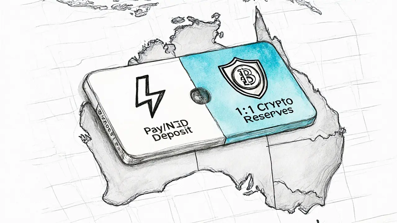 Dual-sided financial tool with PayID and 1:1 reserves icons over Australia and New Zealand map