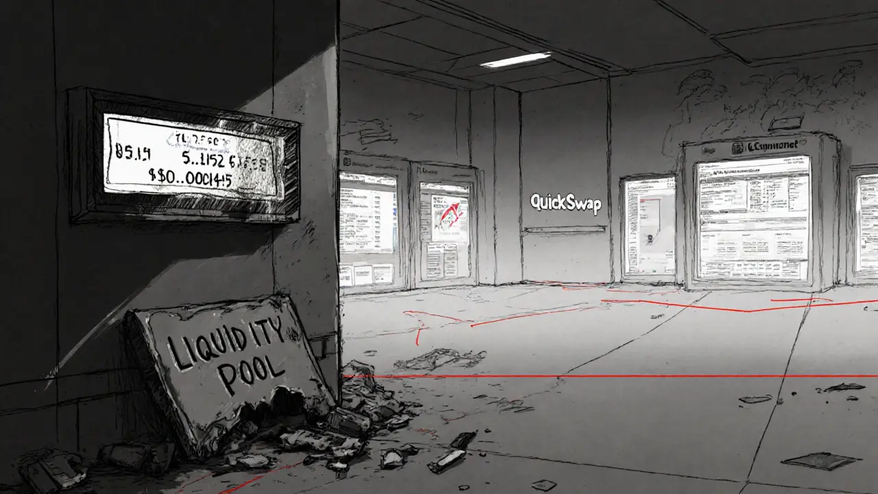 Empty DeFi trading floor with frozen price ticker and crumbling liquidity sign