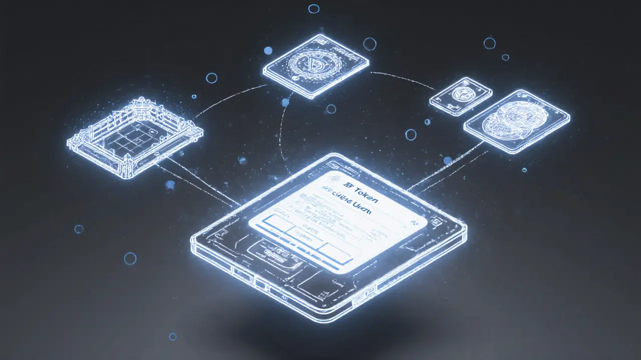 Floating digital wallet connected to three NFT game prototypes with BSC network nodes.